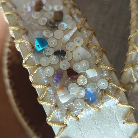 Leather Sequin Stone Embroidered Western Style Belt Cream Gold Stitching W's M - Picture 2 of 14